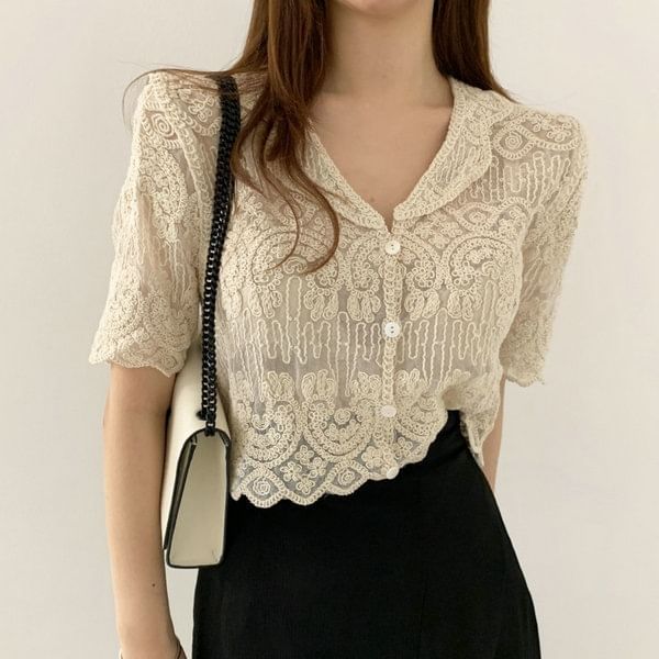 Short Sleeve Button Up Crochet Lace Top