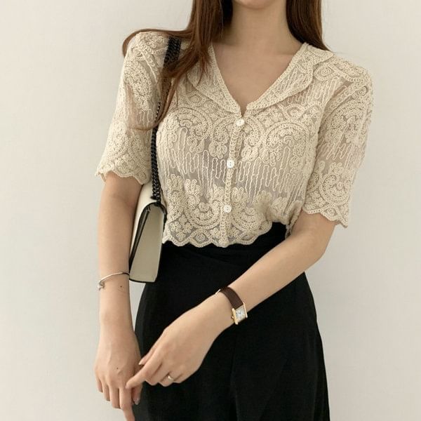 Short Sleeve Button Up Crochet Lace Top