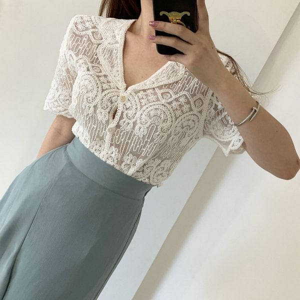 Short Sleeve Button Up Crochet Lace Top