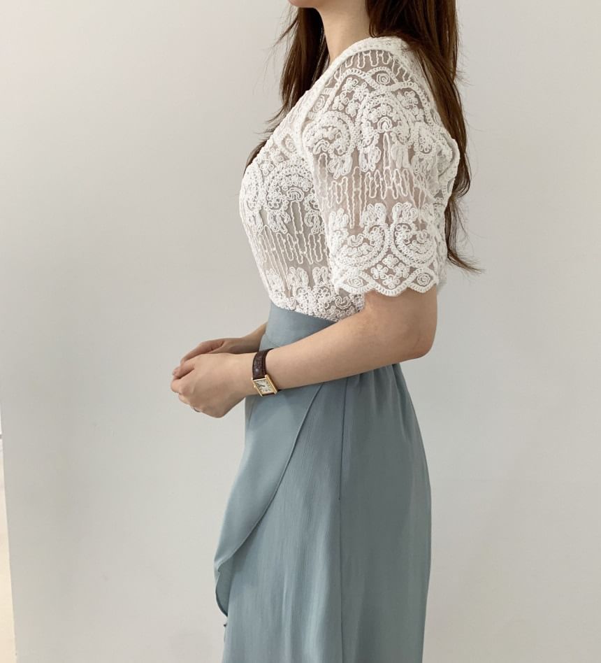Short Sleeve Button Up Crochet Lace Top