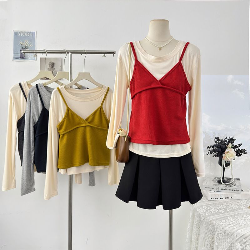 V-Neck Slim Cami & Long Sleeve Tee Set