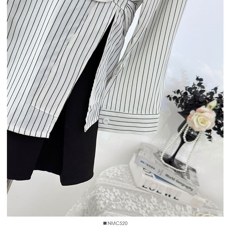 Striped Bow Detail Loose Shirt with Slit