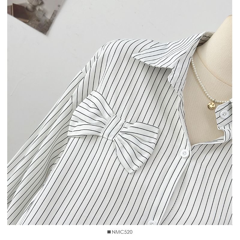 Striped Bow Detail Loose Shirt with Slit