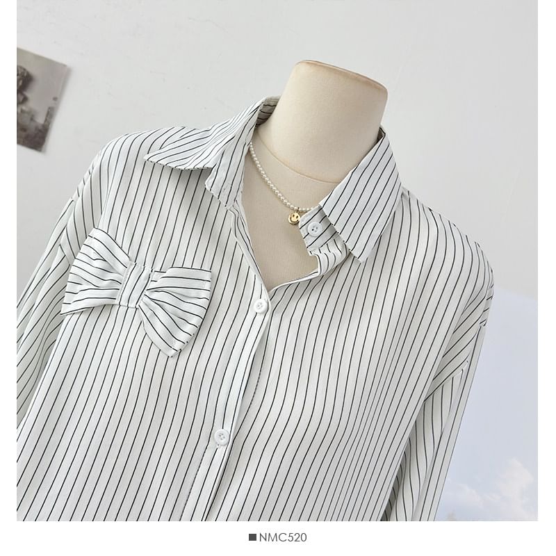 Striped Bow Detail Loose Shirt with Slit