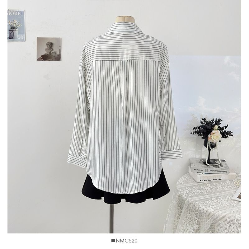 Striped Bow Detail Loose Shirt with Slit