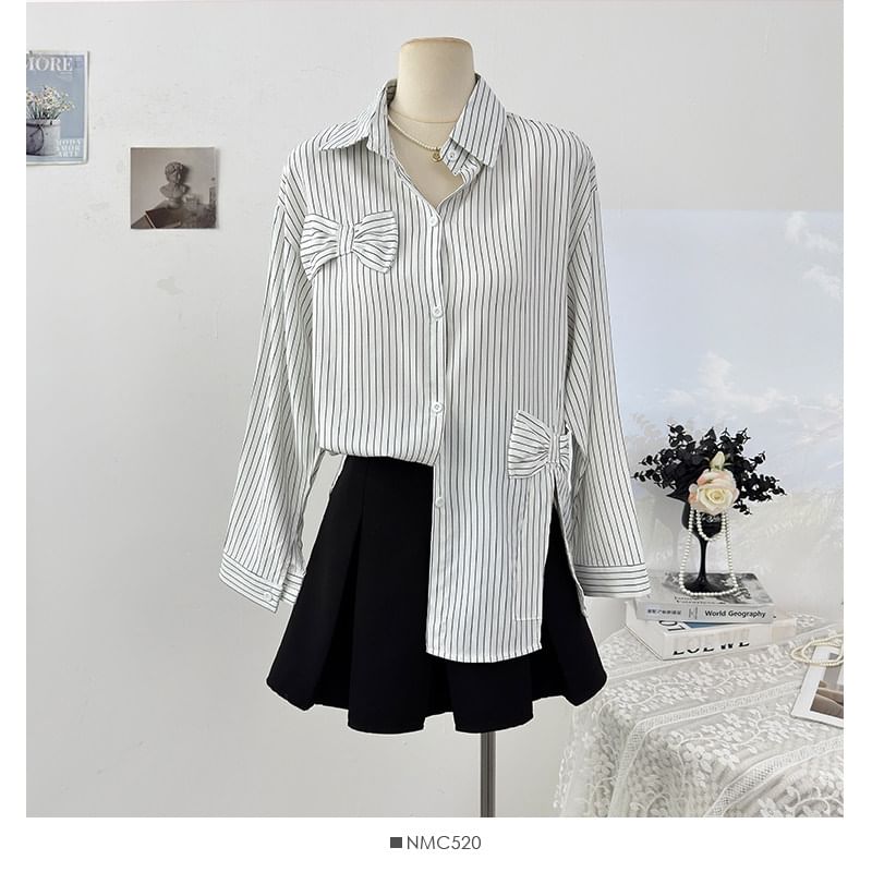 Striped Bow Detail Loose Shirt with Slit