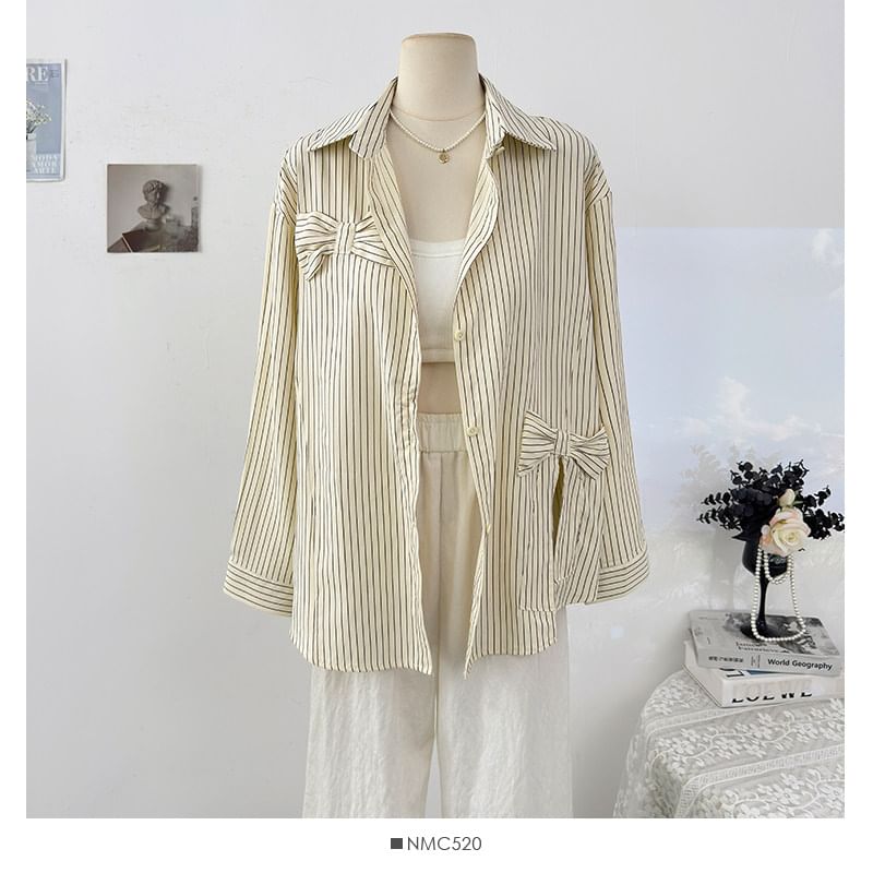 Striped Bow Detail Loose Shirt with Slit