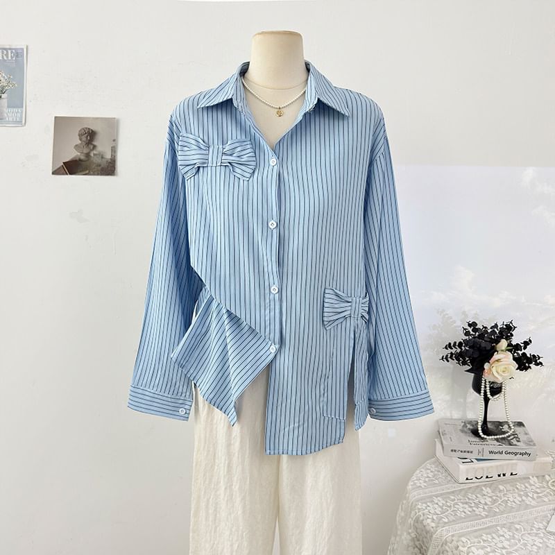 Striped Bow Detail Loose Shirt with Slit
