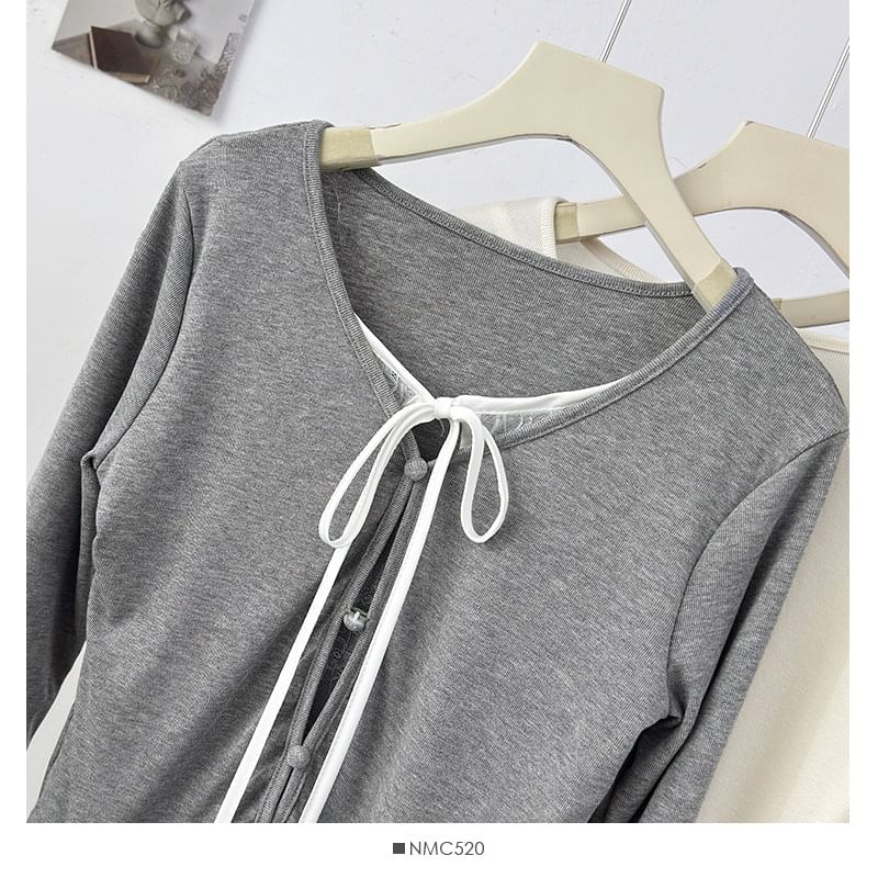 Mock Two Piece Lace Panel Tie Front Slim Tee