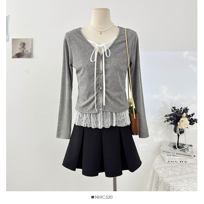 Mock Two Piece Lace Panel Tie Front Slim Tee