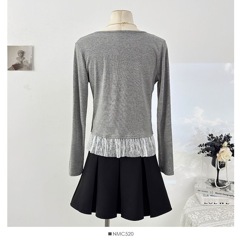 Mock Two Piece Lace Panel Tie Front Slim Tee