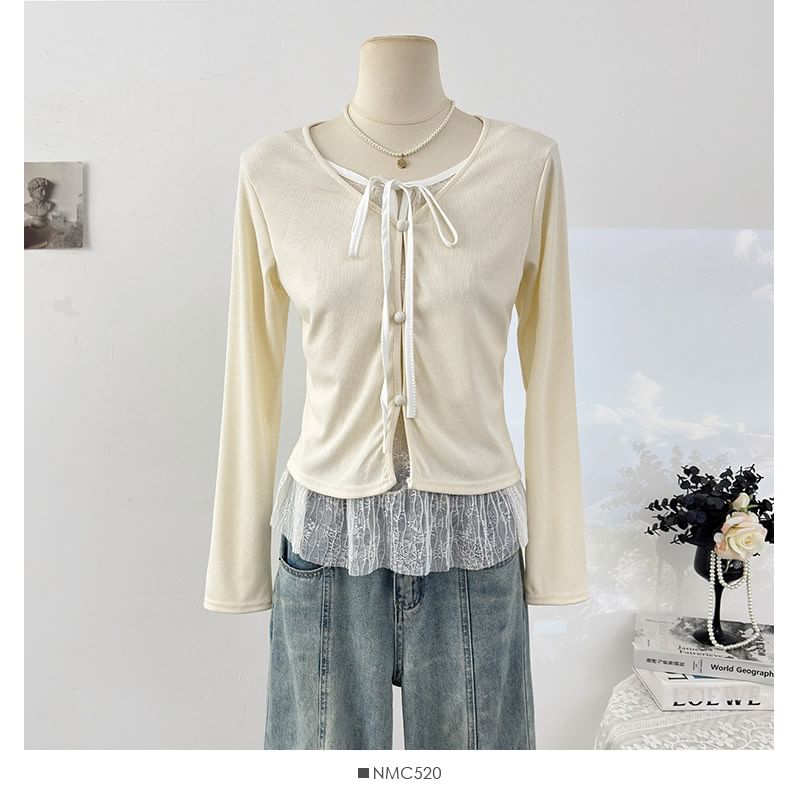 Mock Two Piece Lace Panel Tie Front Slim Tee