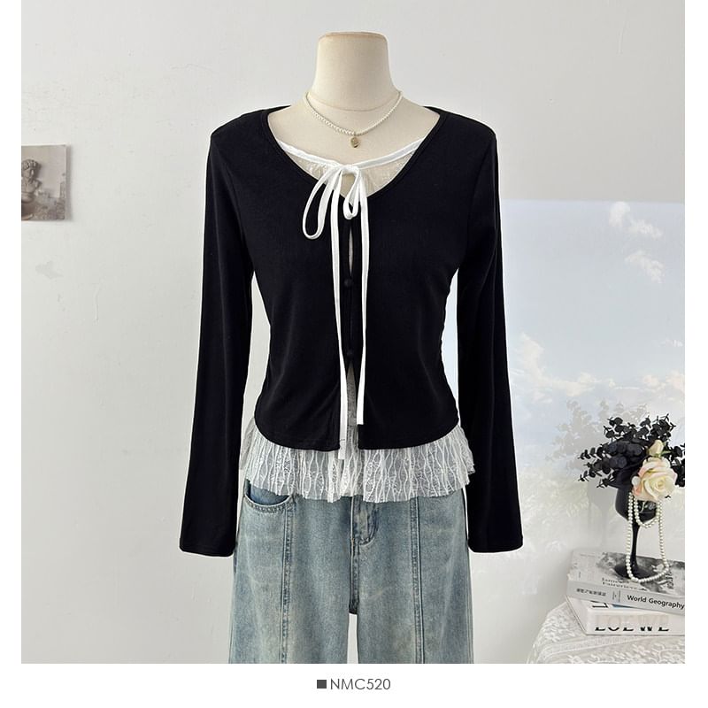 Mock Two Piece Lace Panel Tie Front Slim Tee