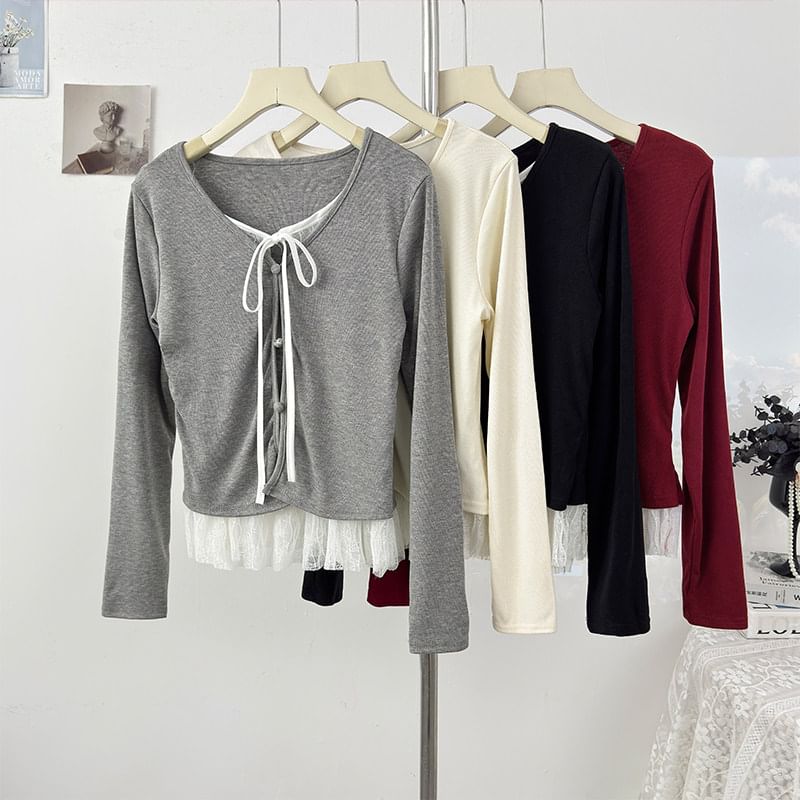 Mock Two Piece Lace Panel Tie Front Slim Tee