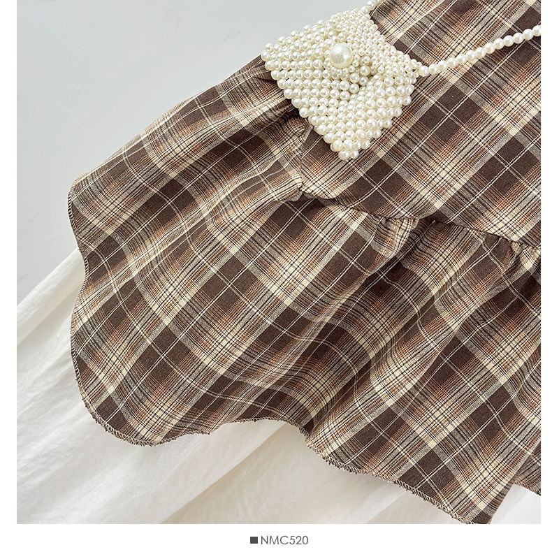 Puff Sleeve Plaid Square Neck Blouse with Asymmetric Hem