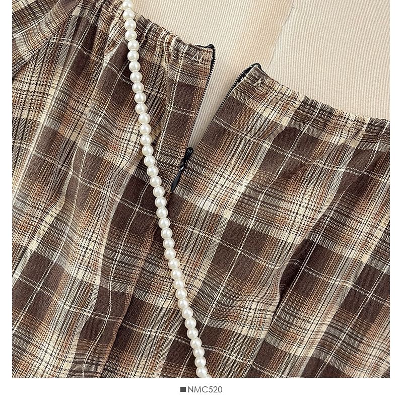 Puff Sleeve Plaid Square Neck Blouse with Asymmetric Hem