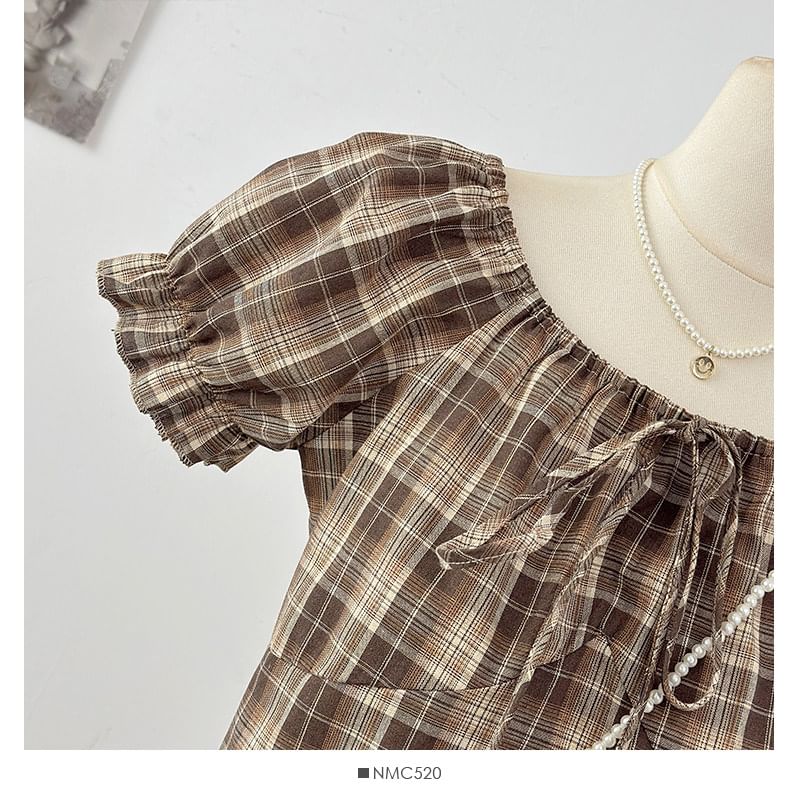 Puff Sleeve Plaid Square Neck Blouse with Asymmetric Hem