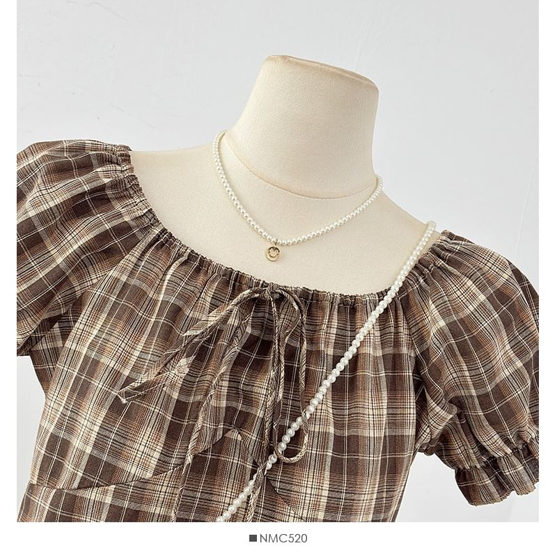 Puff Sleeve Plaid Square Neck Blouse with Asymmetric Hem
