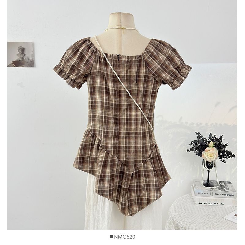 Puff Sleeve Plaid Square Neck Blouse with Asymmetric Hem