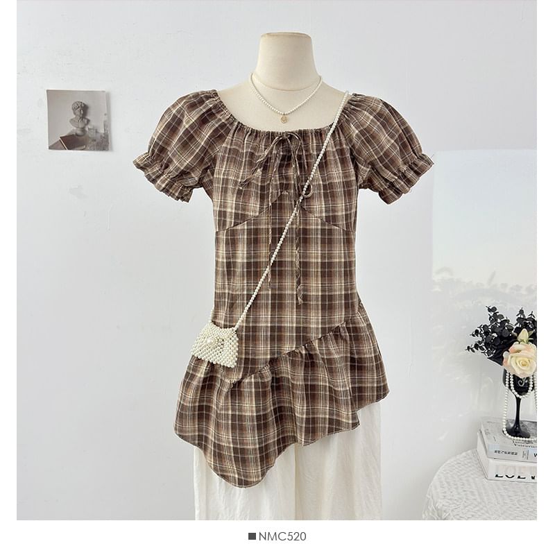 Puff Sleeve Plaid Square Neck Blouse with Asymmetric Hem
