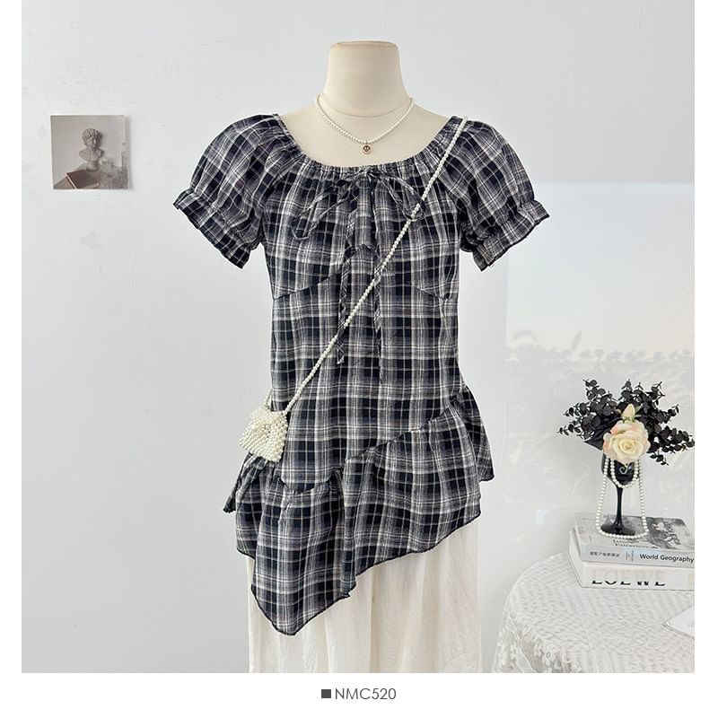 Puff Sleeve Plaid Square Neck Blouse with Asymmetric Hem