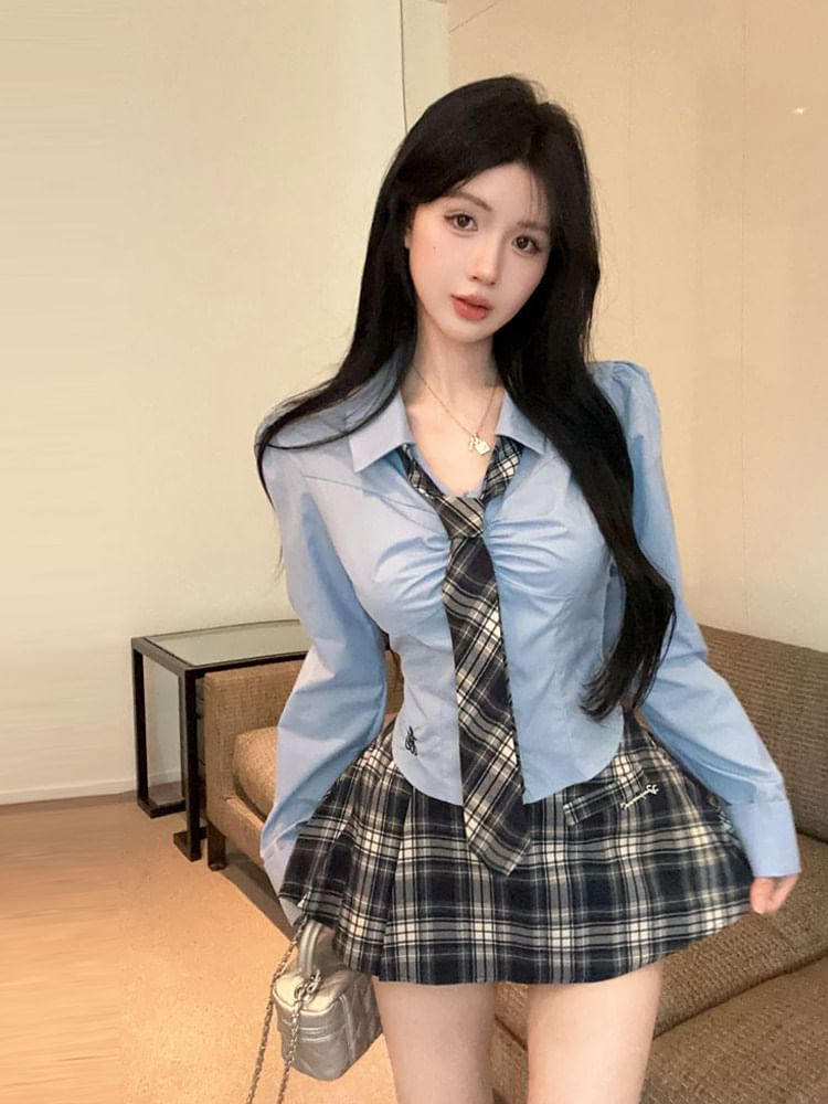 Long-Sleeve Crop Shirt with Plaid Tie and Mini Skirt Set