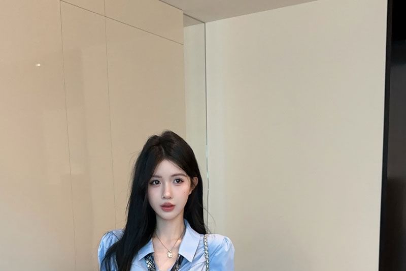 Long-Sleeve Crop Shirt with Plaid Tie and Mini Skirt Set
