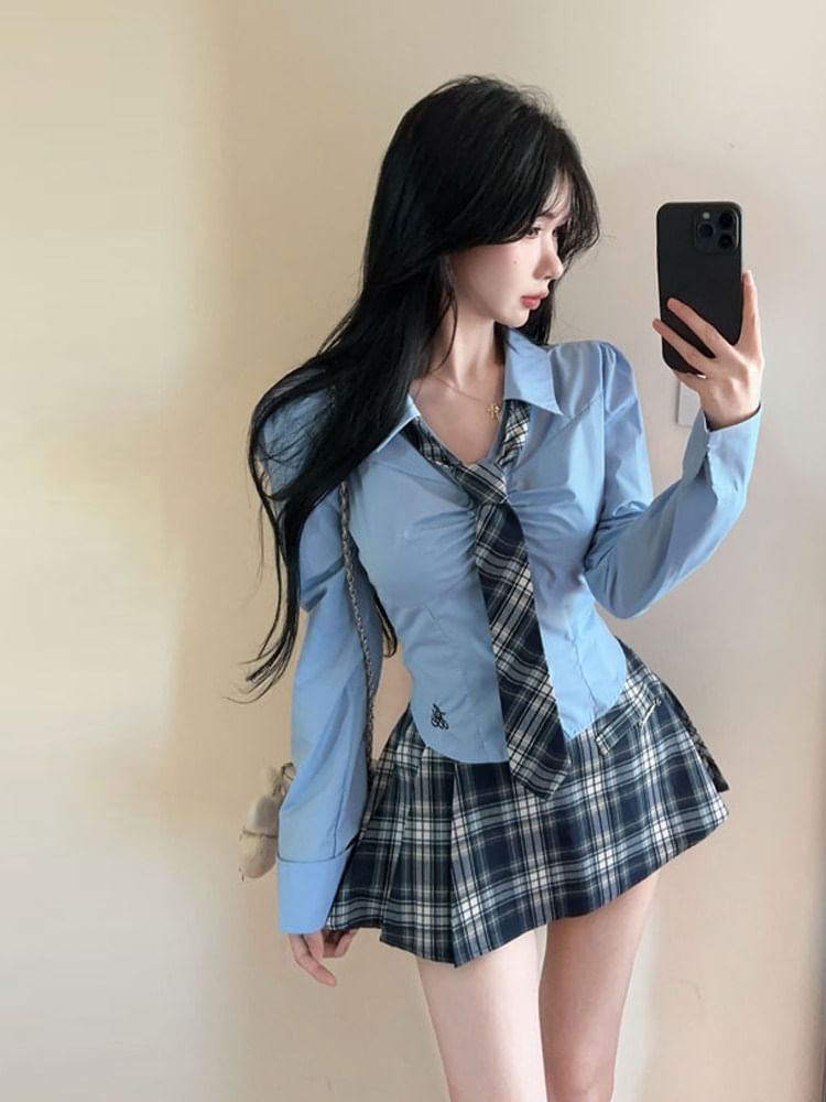Long-Sleeve Crop Shirt with Plaid Tie and Mini Skirt Set