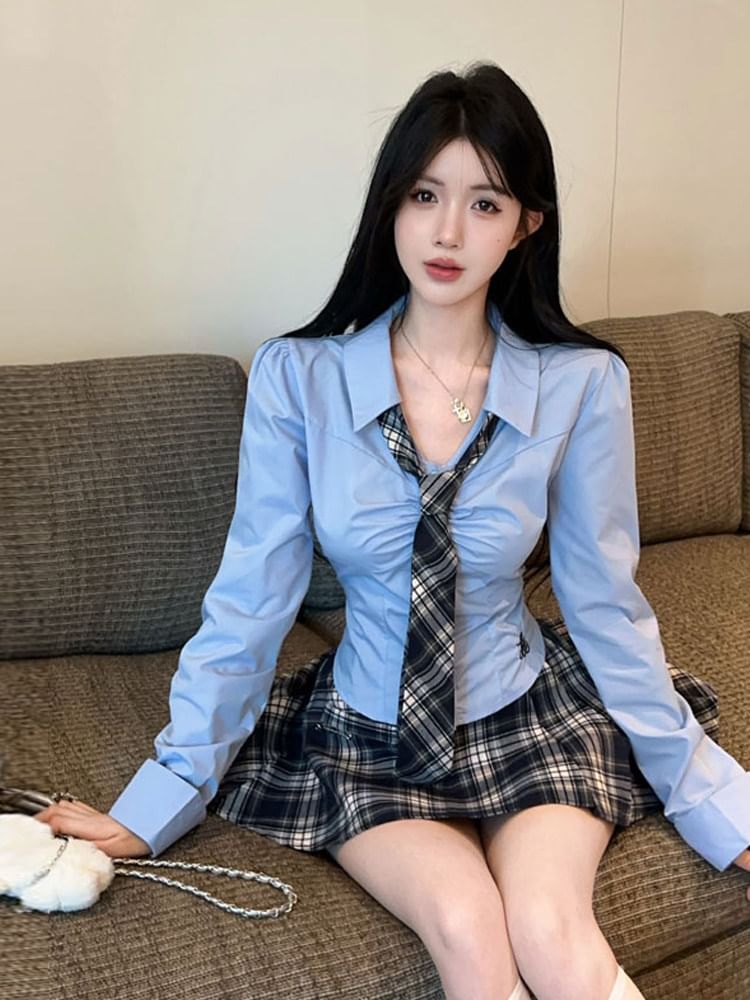 Long-Sleeve Crop Shirt with Plaid Tie and Mini Skirt Set