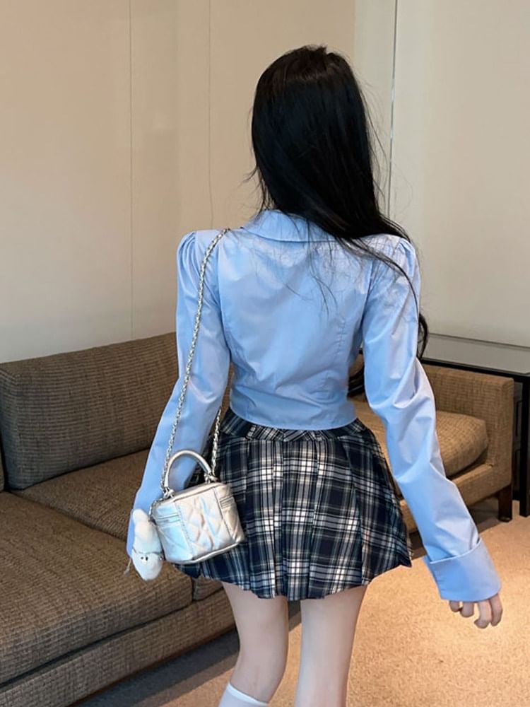 Long-Sleeve Crop Shirt with Plaid Tie and Mini Skirt Set