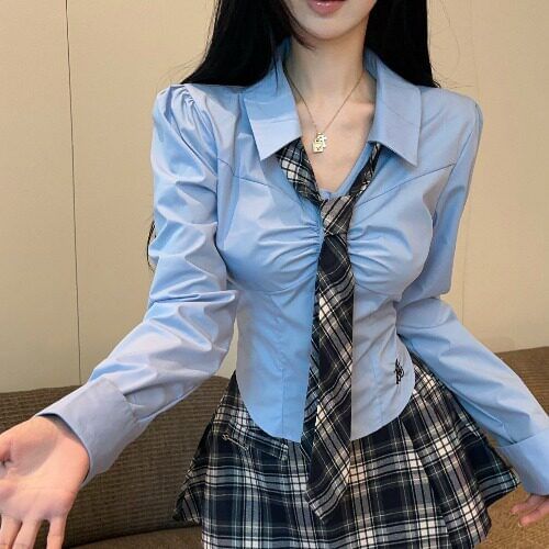Long-Sleeve Crop Shirt with Plaid Tie and Mini Skirt Set