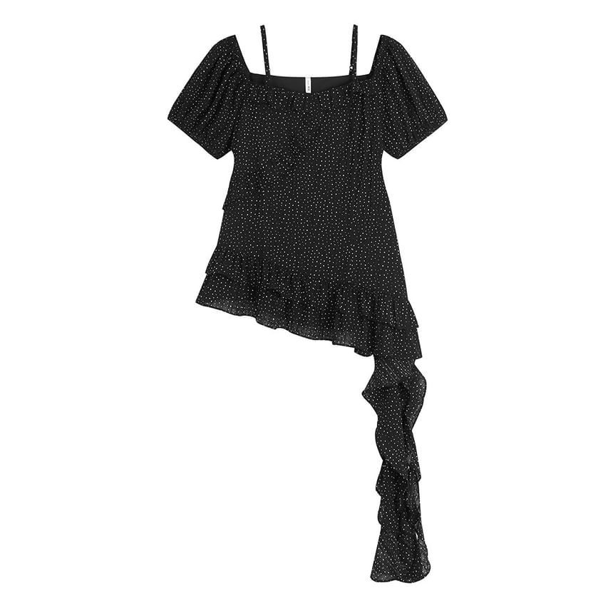 Polka Dot Square Neck Ruffle Cami with Asymmetric Hem