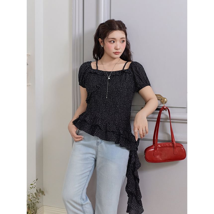 Polka Dot Square Neck Ruffle Cami with Asymmetric Hem