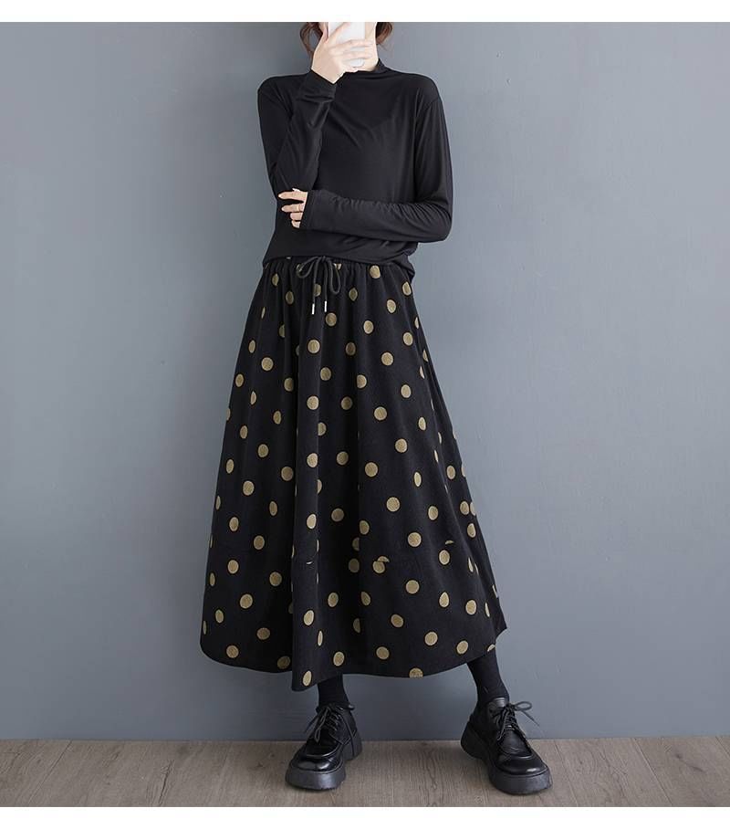 Polka Dot Midi A-Line High-Waisted Skirt