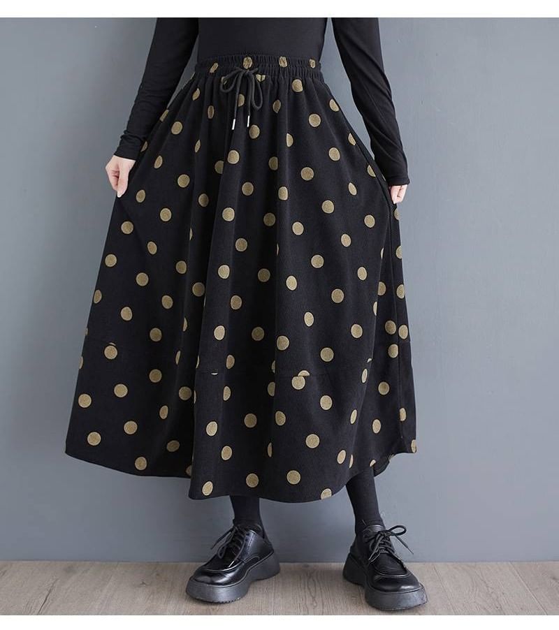Polka Dot Midi A-Line High-Waisted Skirt