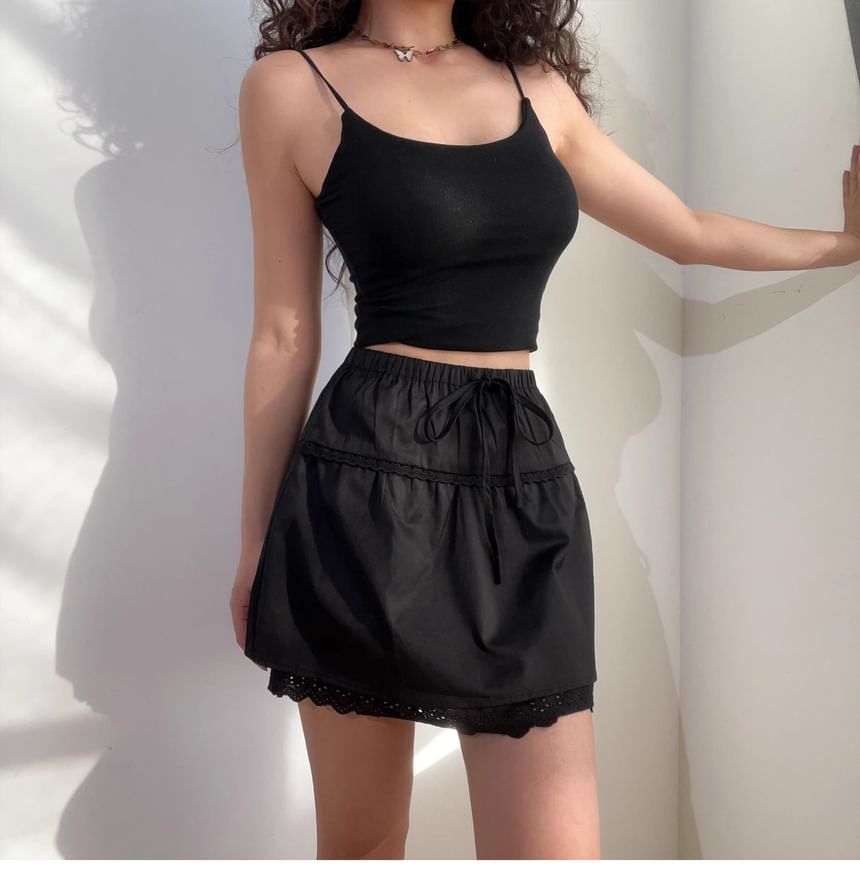 Lace Trim Mini A-Line Mid Rise Skirt