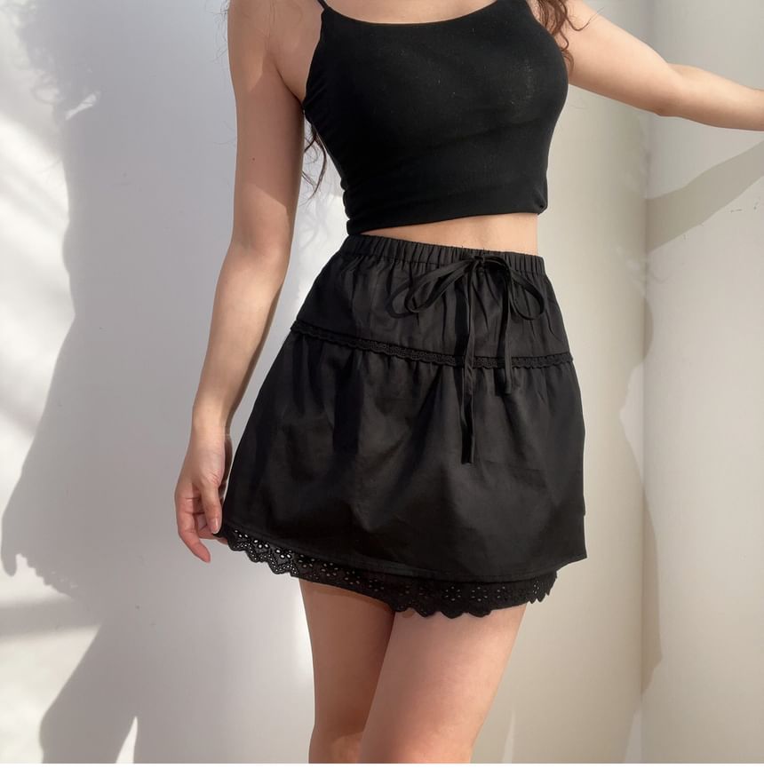 Lace Trim Mini A-Line Mid Rise Skirt