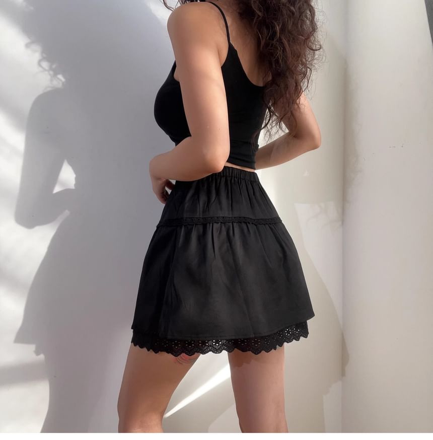Lace Trim Mini A-Line Mid Rise Skirt