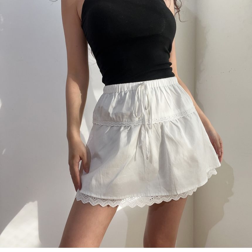 Lace Trim Mini A-Line Mid Rise Skirt