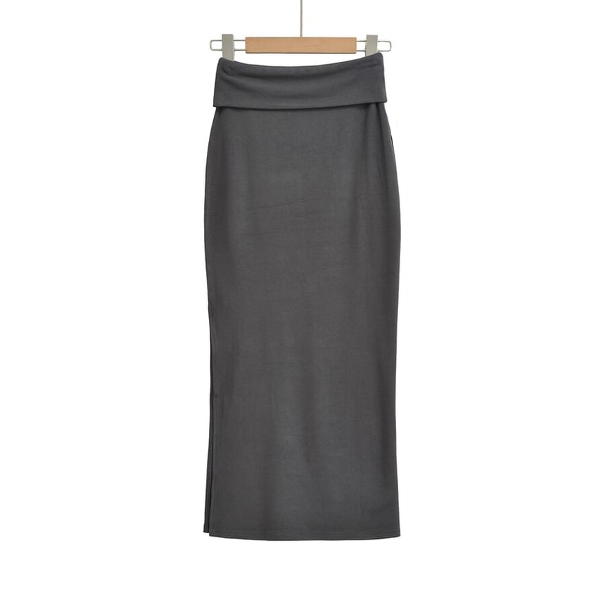Slit Maxi Pencil Skirt - High-Waisted Plain