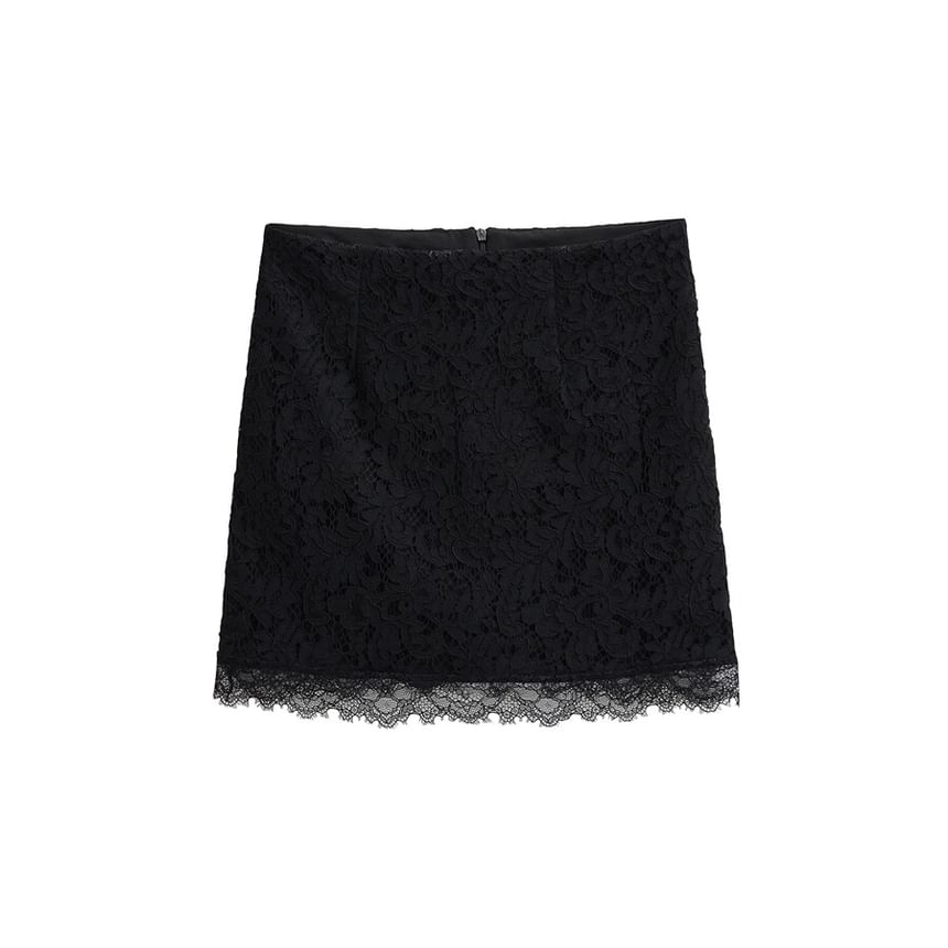 Lace Mini Pencil Skirt - High-Waisted Plain
