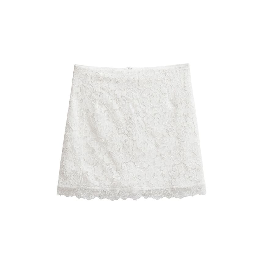 Lace Mini Pencil Skirt - High-Waisted Plain