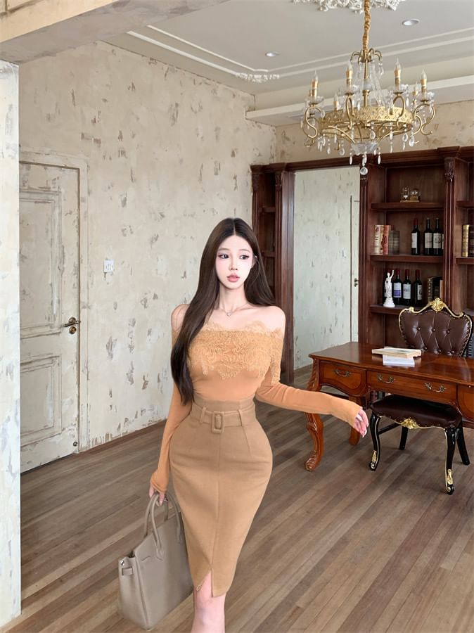 Off-Shoulder Lace Trim Top & Belted Pencil Skirt Set