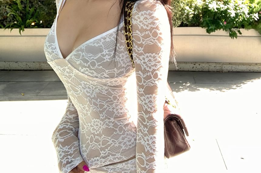 Lace Crop Top & Mini Pencil Skirt - V-Neck Long Sleeve