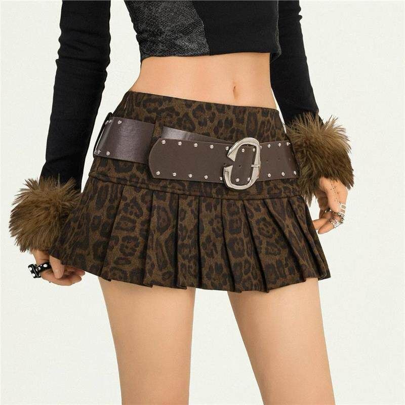 Leopard Print Low Rise Mini Pleated Skirt with Belt Set
