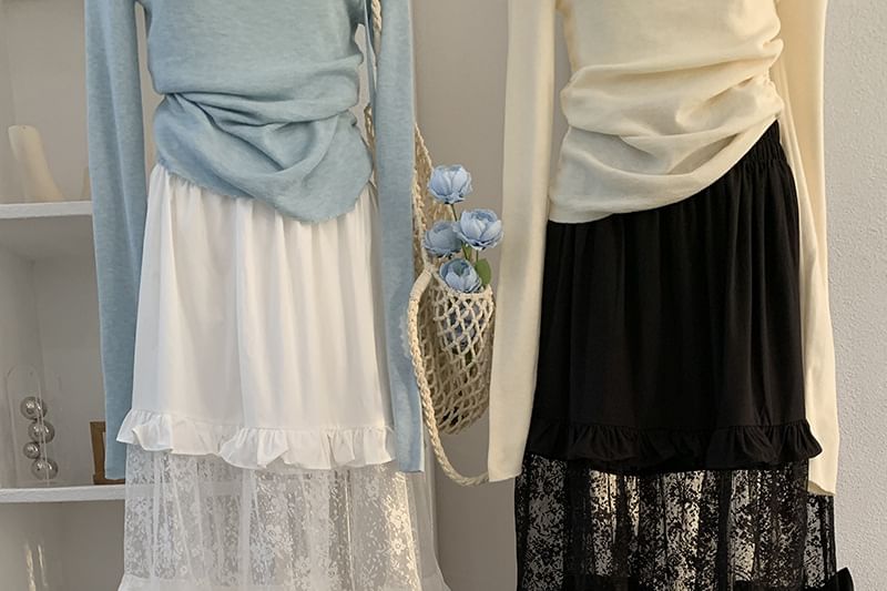 Lace Panel Ruffle Maxi A-Line Skirt - Elastic Waist