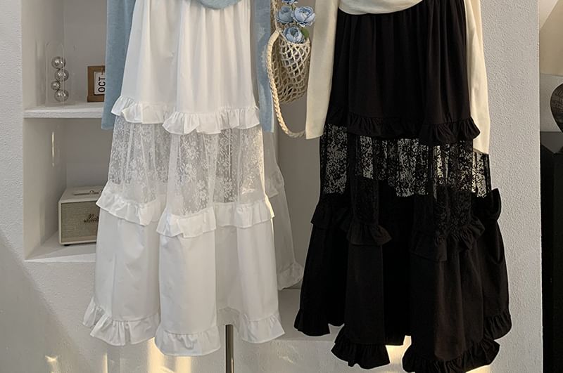 Lace Panel Ruffle Maxi A-Line Skirt - Elastic Waist