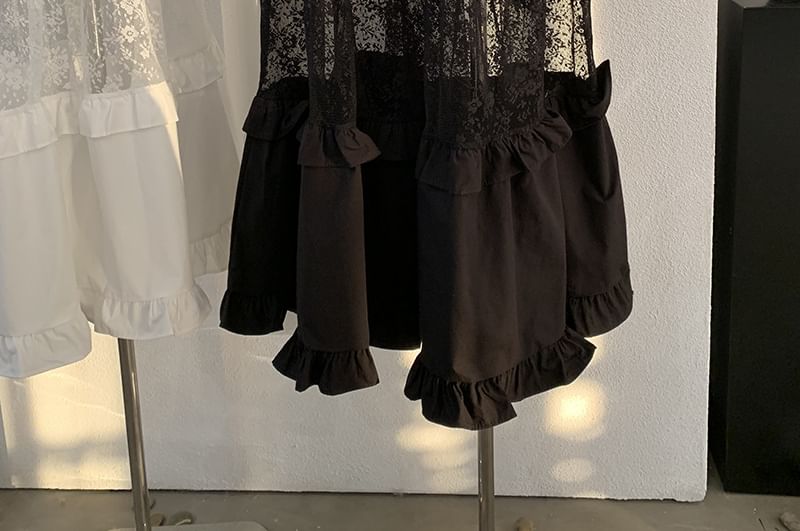 Lace Panel Ruffle Maxi A-Line Skirt - Elastic Waist