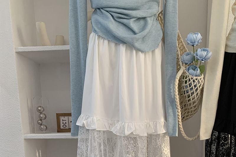 Lace Panel Ruffle Maxi A-Line Skirt - Elastic Waist