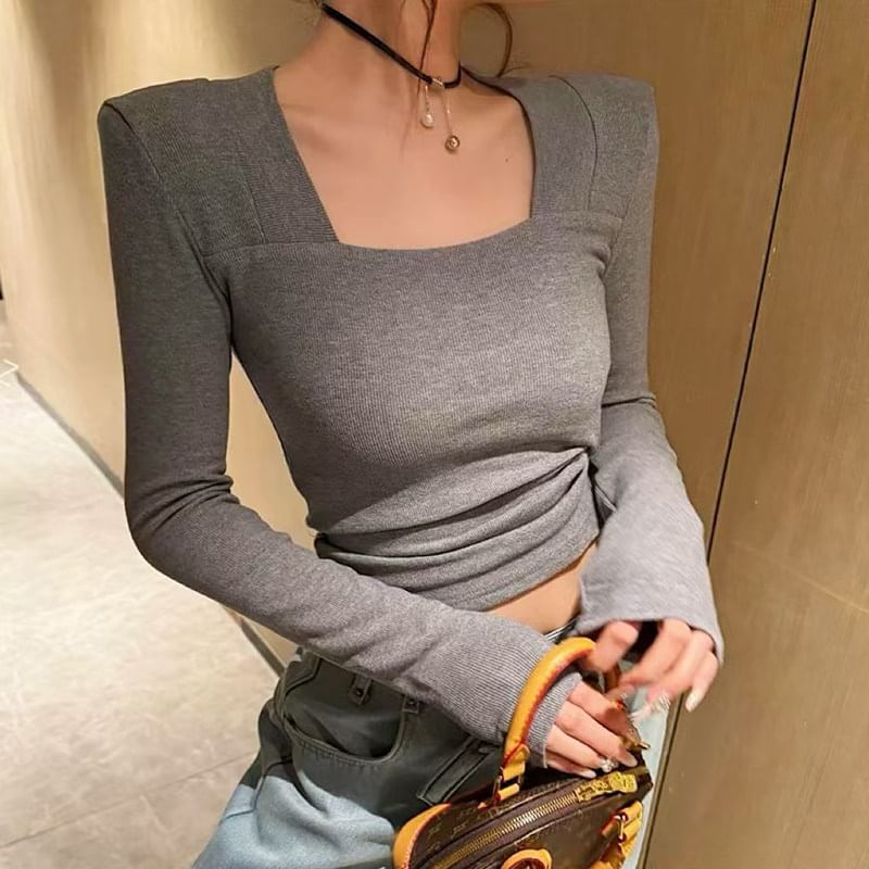 Square Neck Long Sleeve Padded Shoulder Top